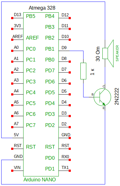 Принципиальная электрическая схема музыкального автомата на Arduino NANO